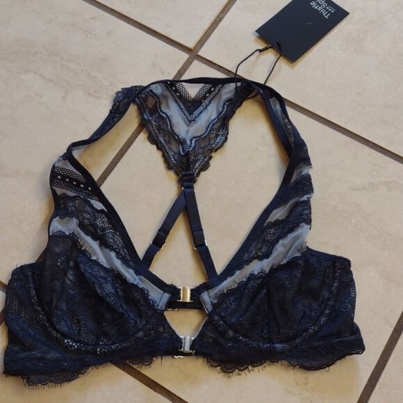 NWT Thistle and Spire Bralett Halter back Denim blue color strappy lace size 32B - Picture 4 of 9